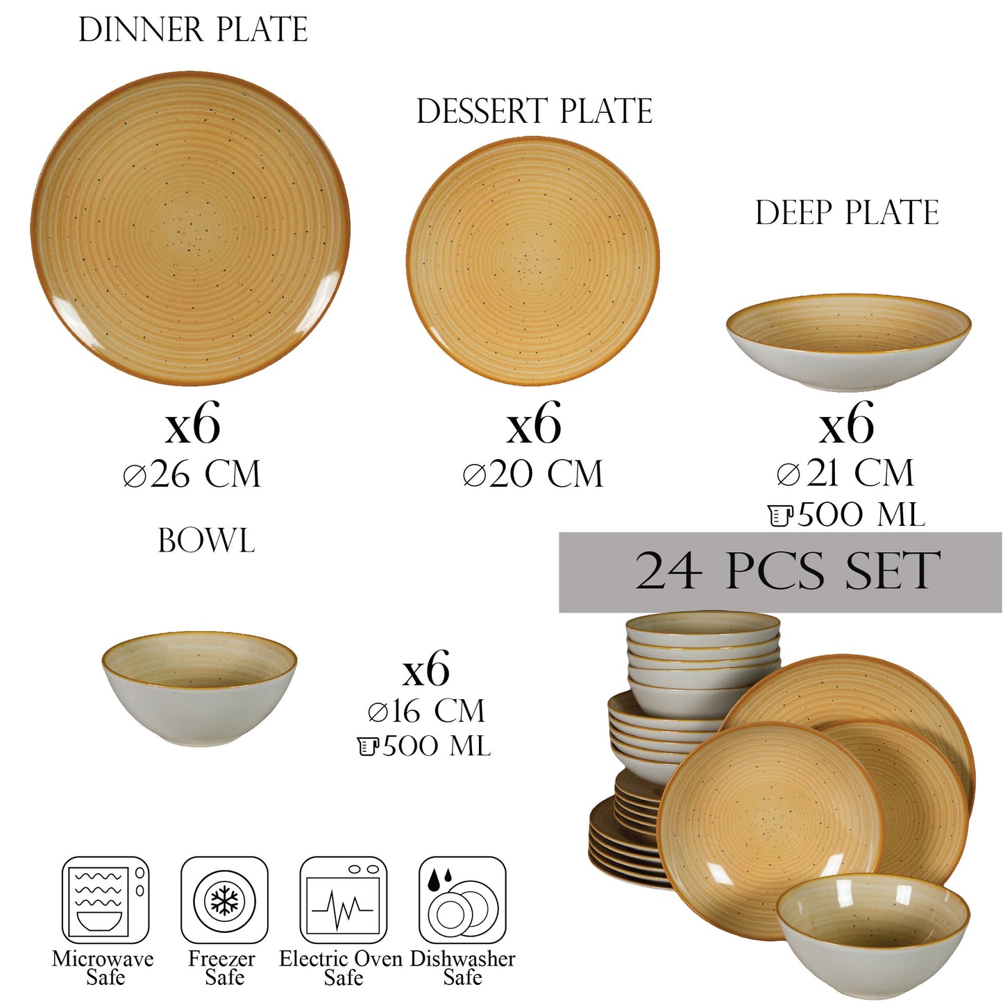 Plate set 24 pieces, for 6 people, Sundown, Cesiro, White Ivoire with yellow