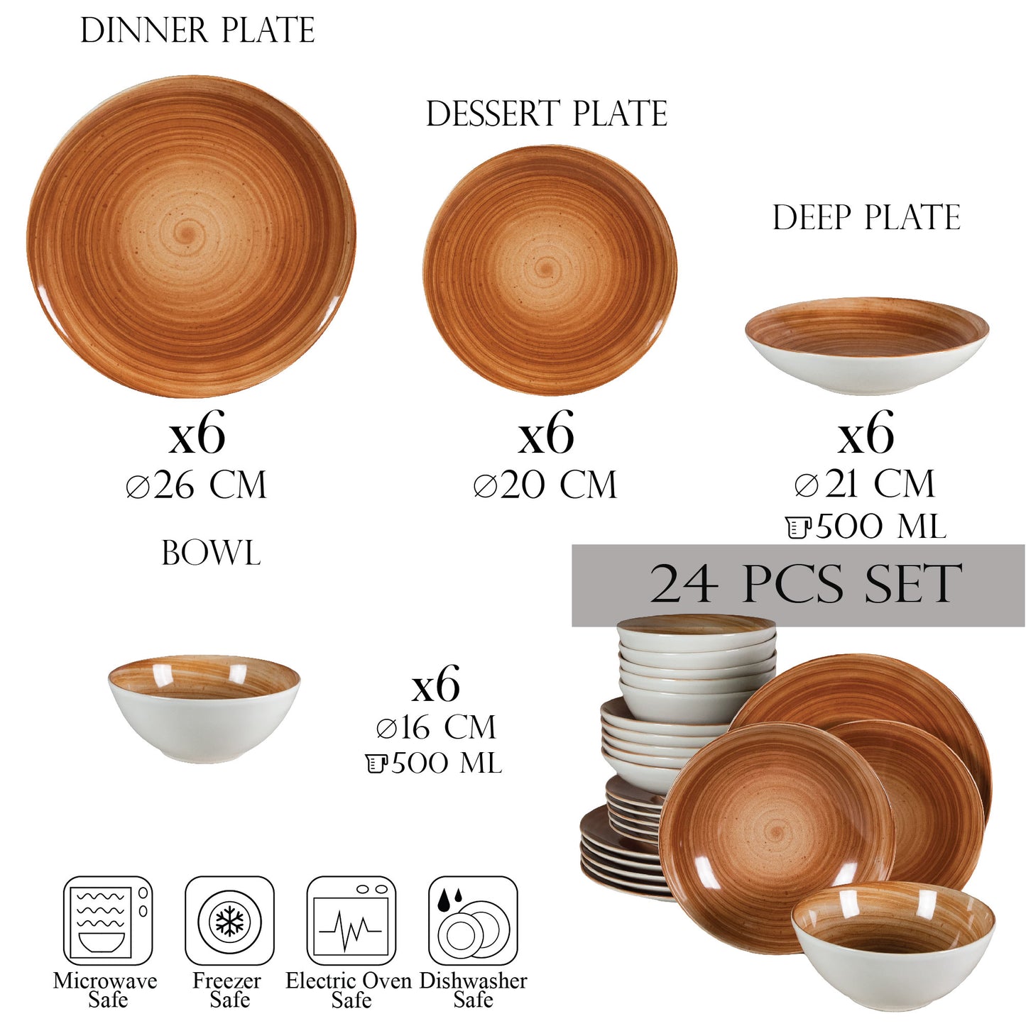 Set farfurii 24 piese, pentru 6 persoane, Earth, Cesiro, Alb Ivoire cu maro