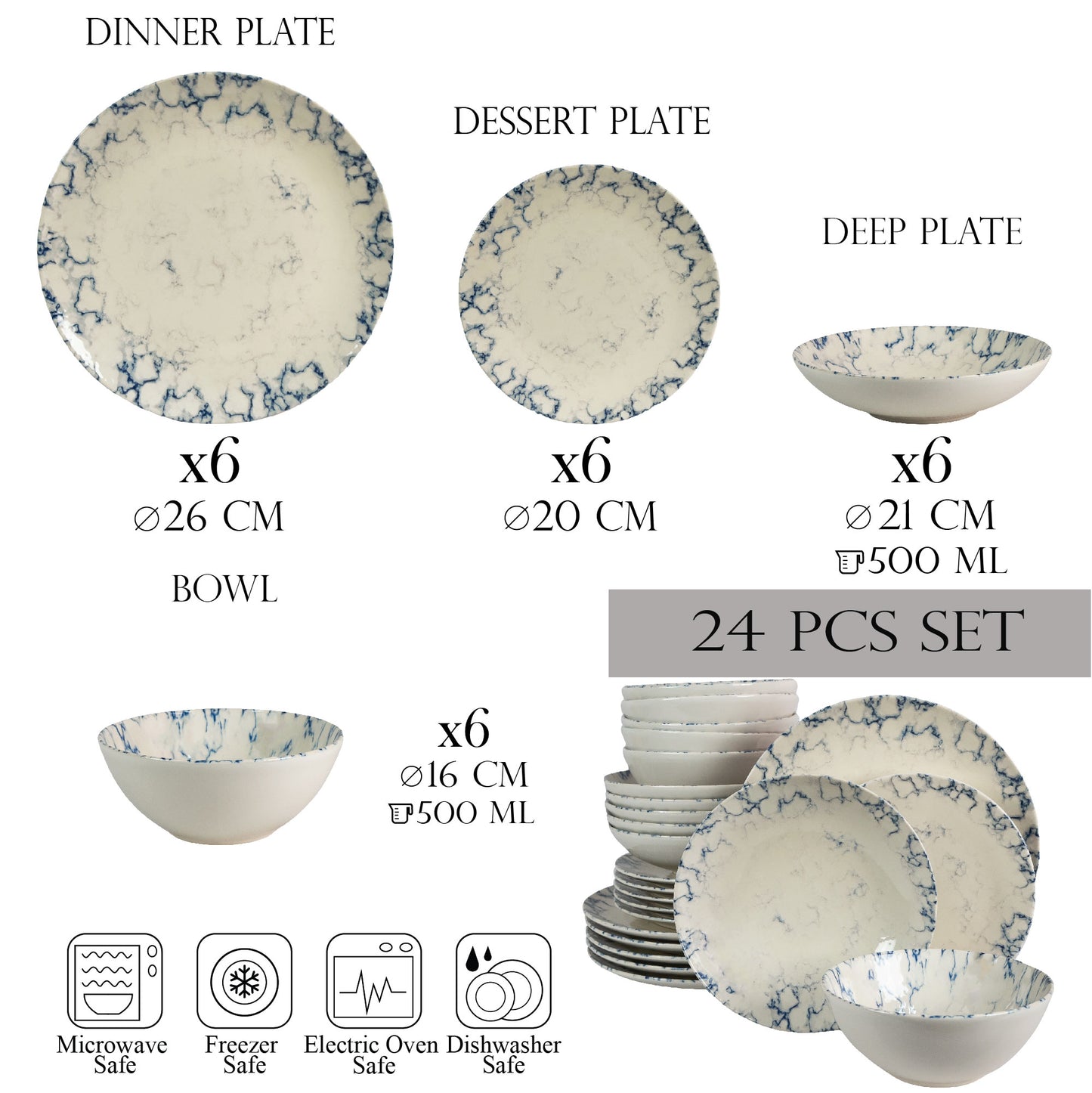 Set farfurii 24 piese, pentru 6 persoane, Marble, Cesiro, Alb Ivoire cu albastru