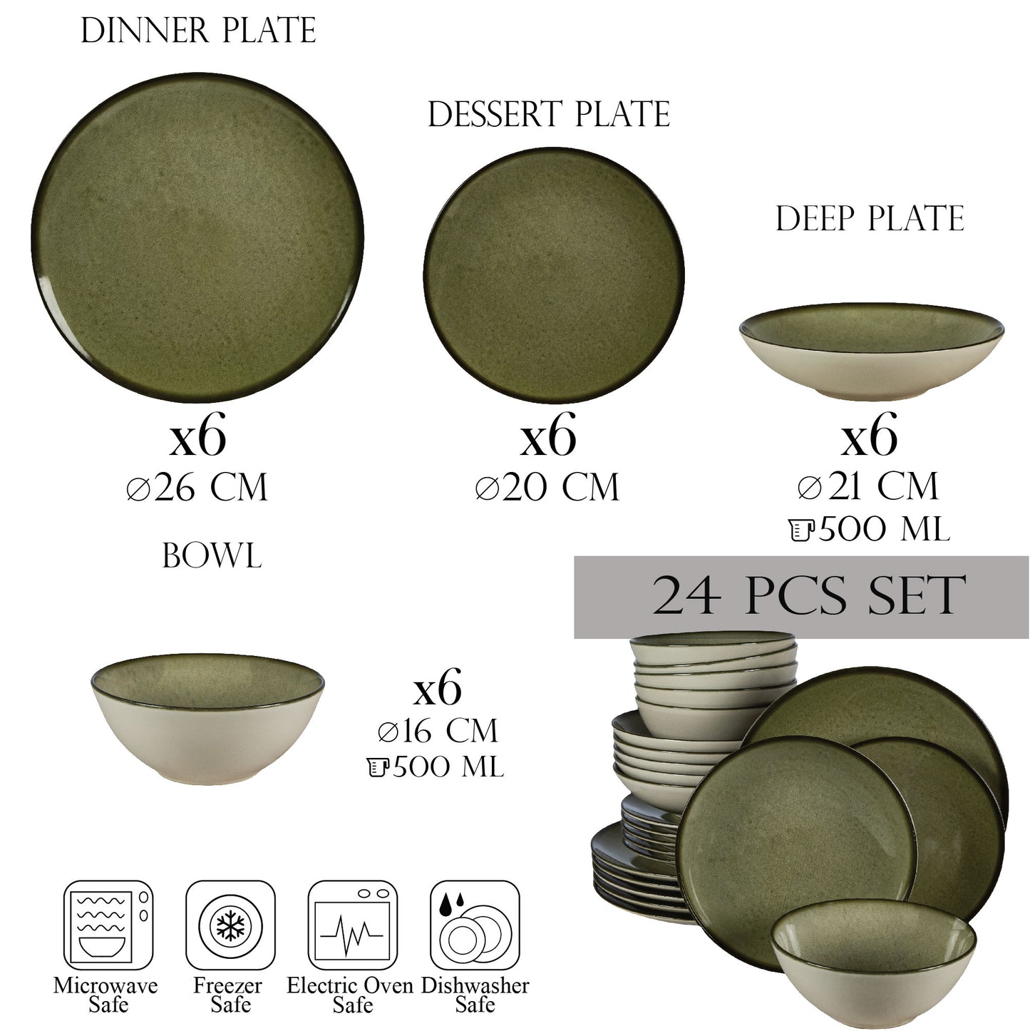 Set farfurii 24 piese, pentru 6 persoane, Earth Green, Cesiro, Alb Ivoire cu verde