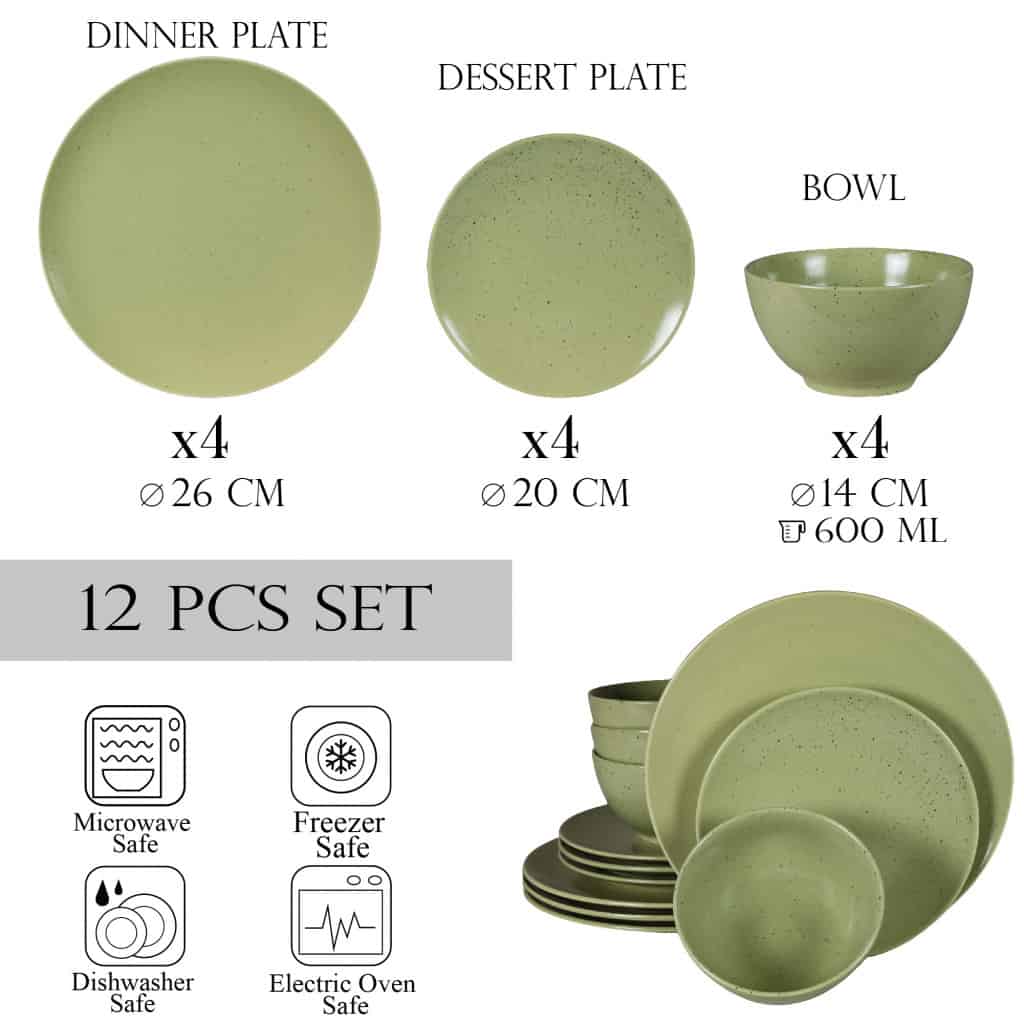 Plate set 12 pieces, for 4 people, Sage, Cesiro, Matte Green with black dots