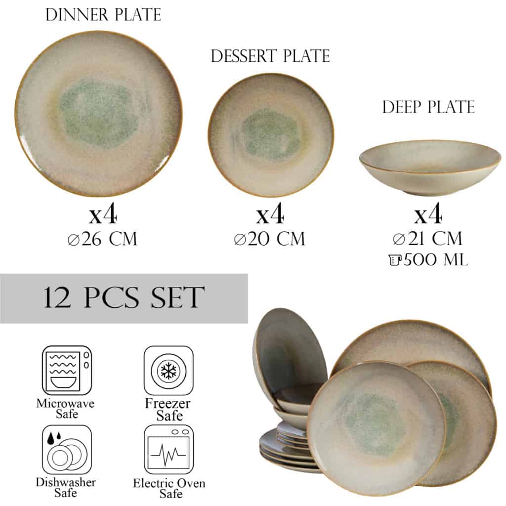 Комплект чинии 12 части, за 4 човека, Shell, Cesiro, Light крем с кафяв ръб
