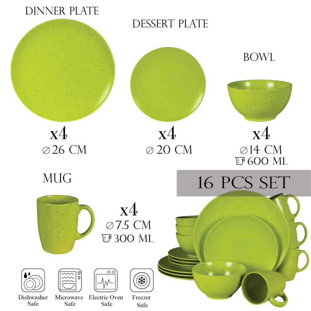 Tellerset 16-teilig, für 4 Personen, Lime Juice, Cesiro, Mattgrün mit schwarzen Punkten