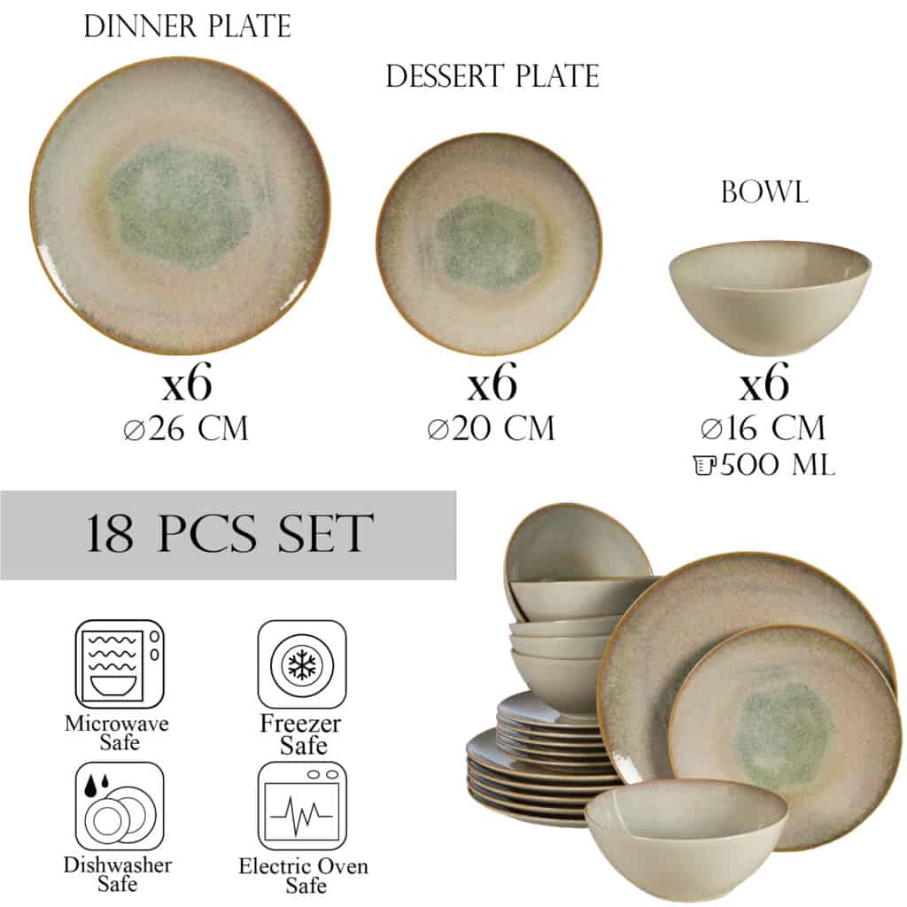 Set farfurii 18 piese, pentru 6 persoane, Shell, Cesiro, Crem deschis lucios cu margine maro