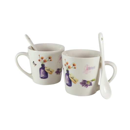 Set di due tazze da 170 ml, bianche con vaso e lavanda