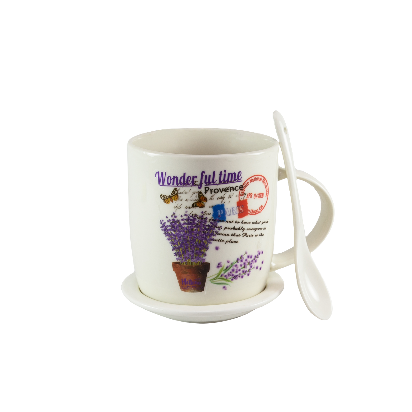 Tazza con piattino e cucchiaino, 350 ml, bianca con motivo vaso di lavanda