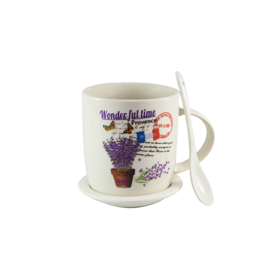 Tazza con piattino e cucchiaino, 350 ml, bianca con motivo vaso di lavanda