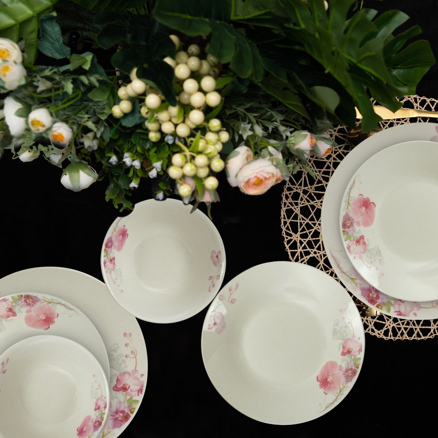 Plate set 18 pieces, for 6 people, Cesiro, Ivoire with orchids