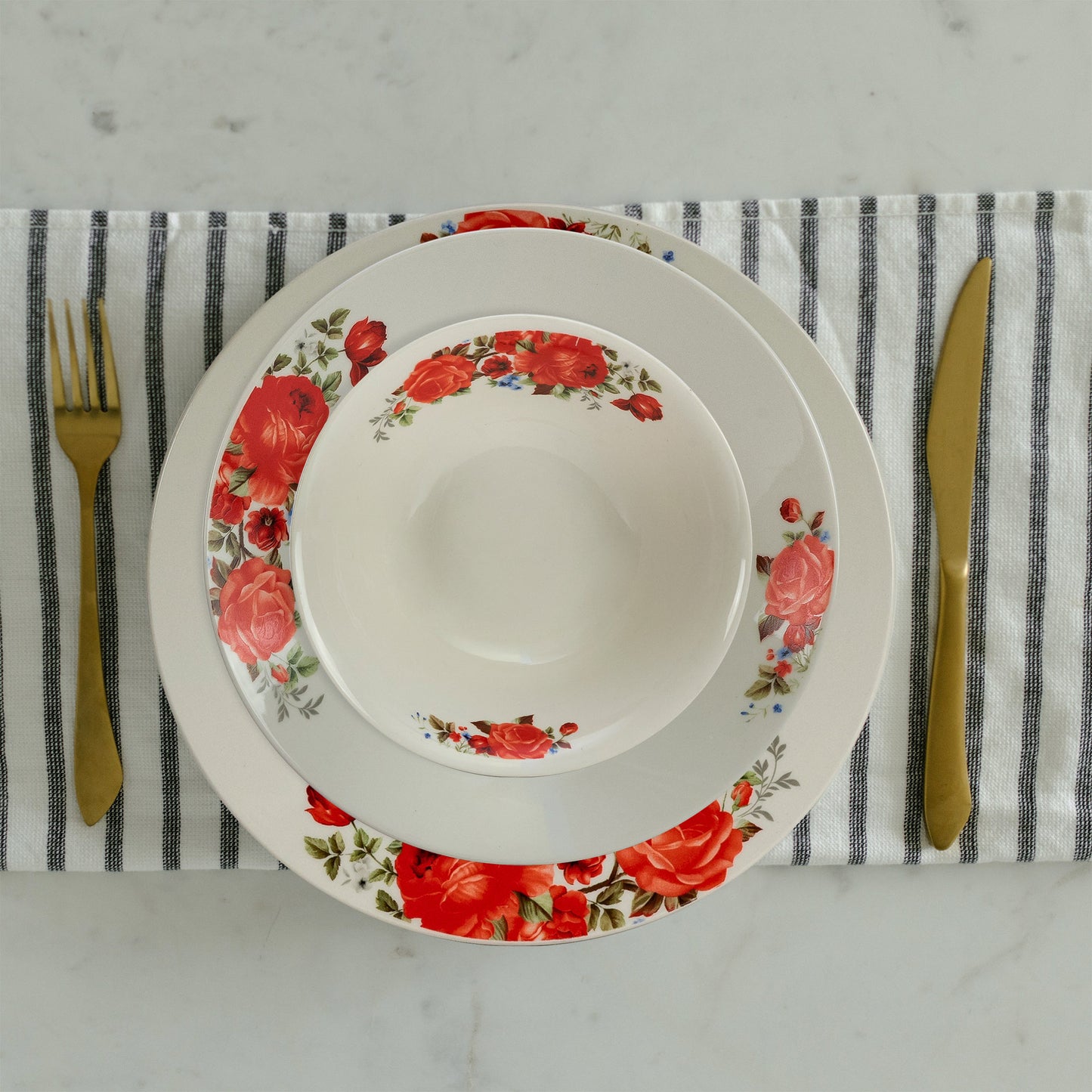 Plate set 18 pieces, for 6 people, Cesiro, Ivoire with red rose