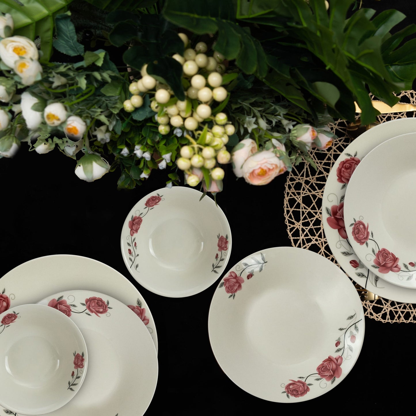 Plate set 12 pieces, for 4 people, Cesiro, Ivoire with pink rose