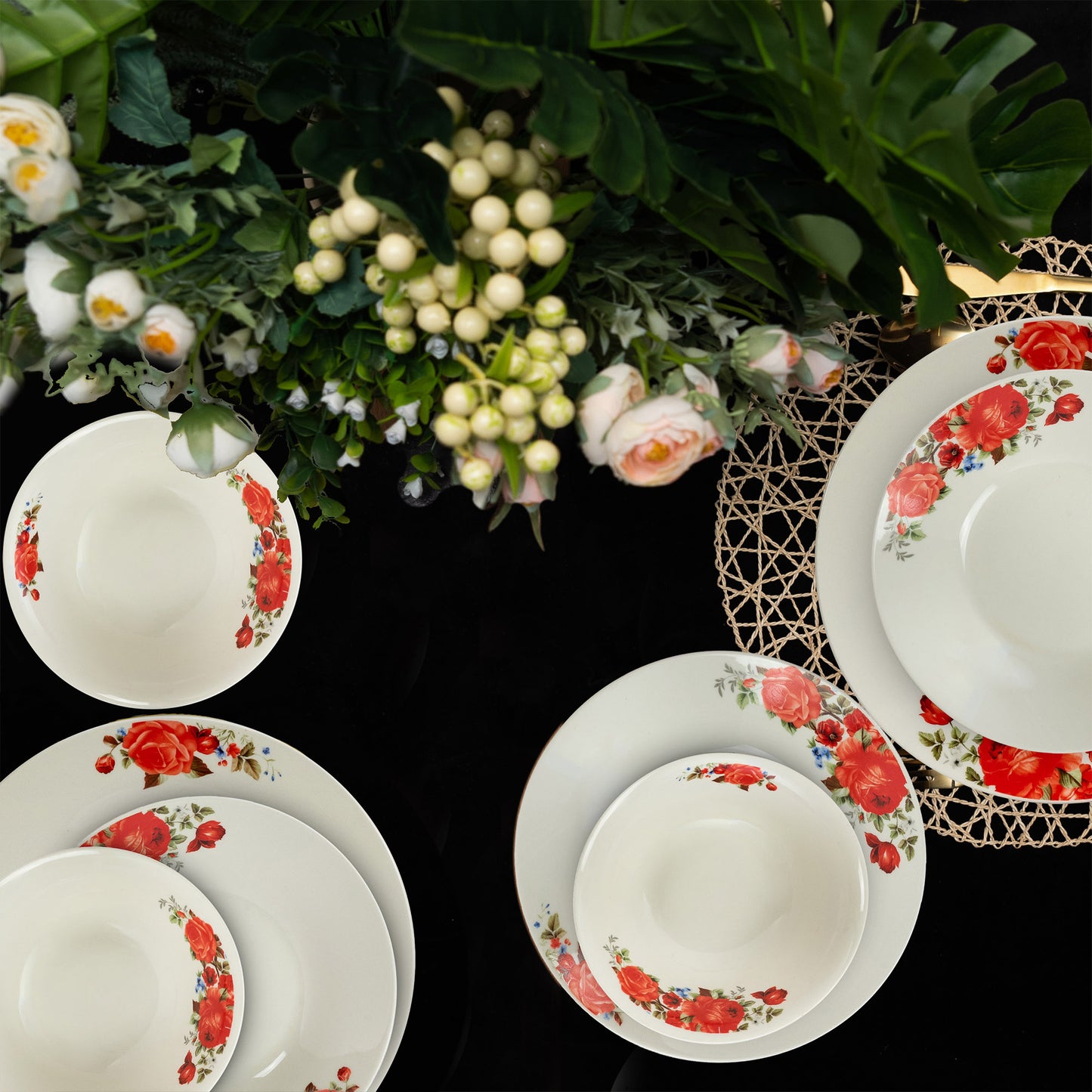 Plate set 12 pieces, for 4 people, Cesiro, Ivoire with red rose