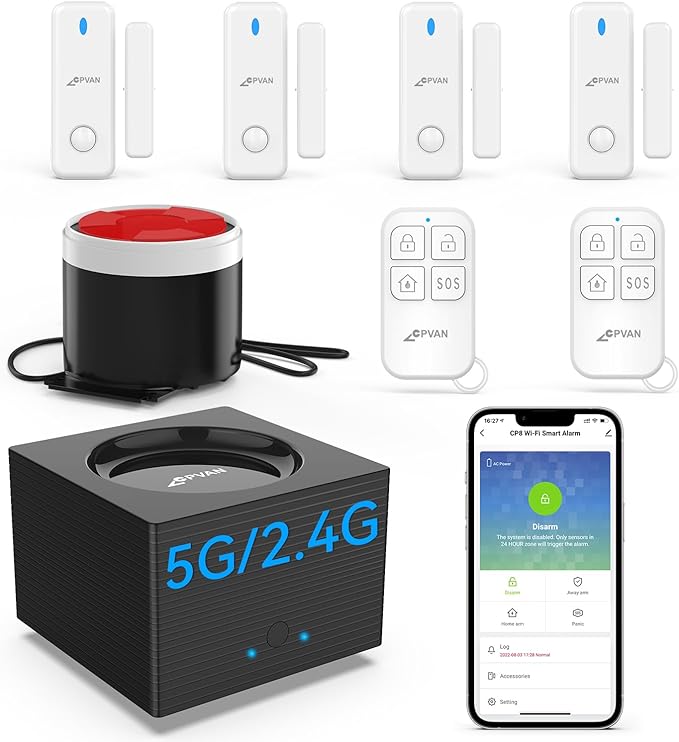 CPVAN Security System Door Alarm System with Phone App Alert 2.4G/5G WiFi Kit