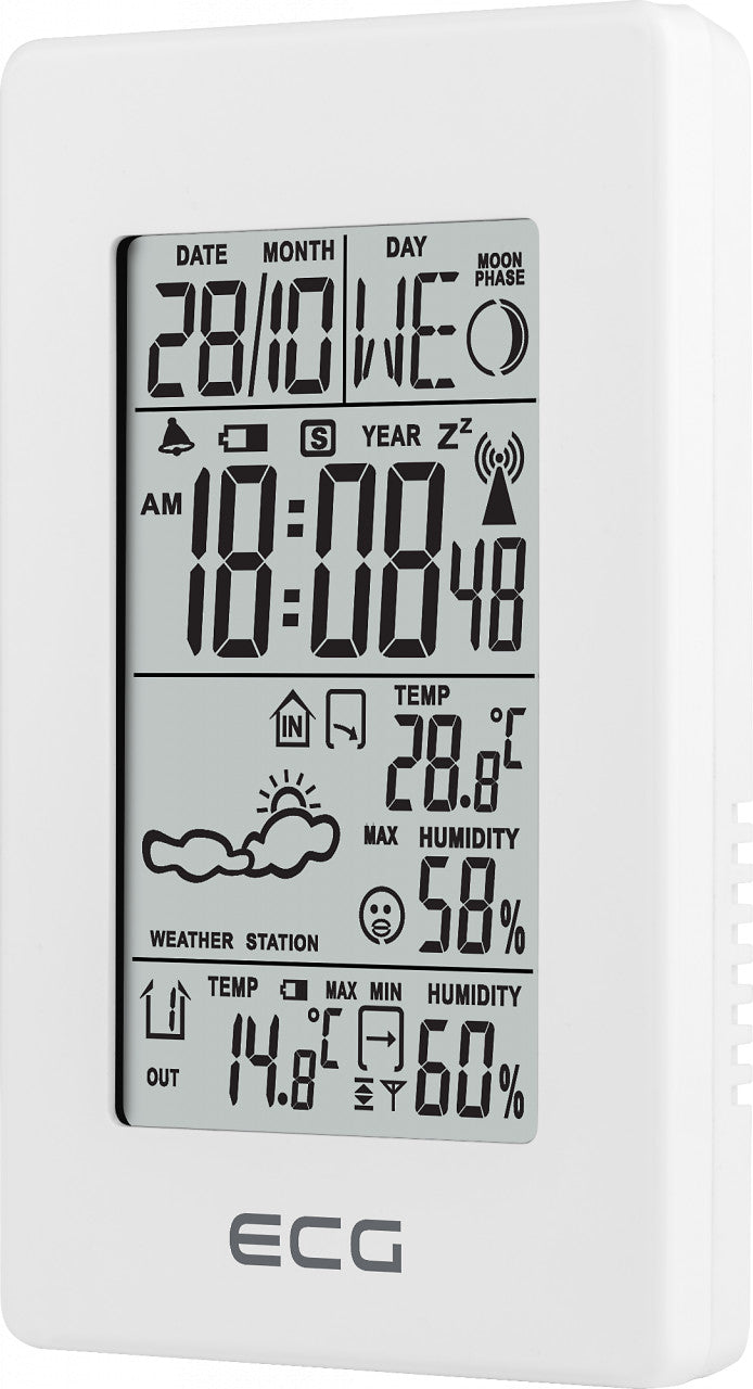 Statie meteo interior-exterior ECG MS 100 White, senzor extern fara fir, LCD, ceas, alarma