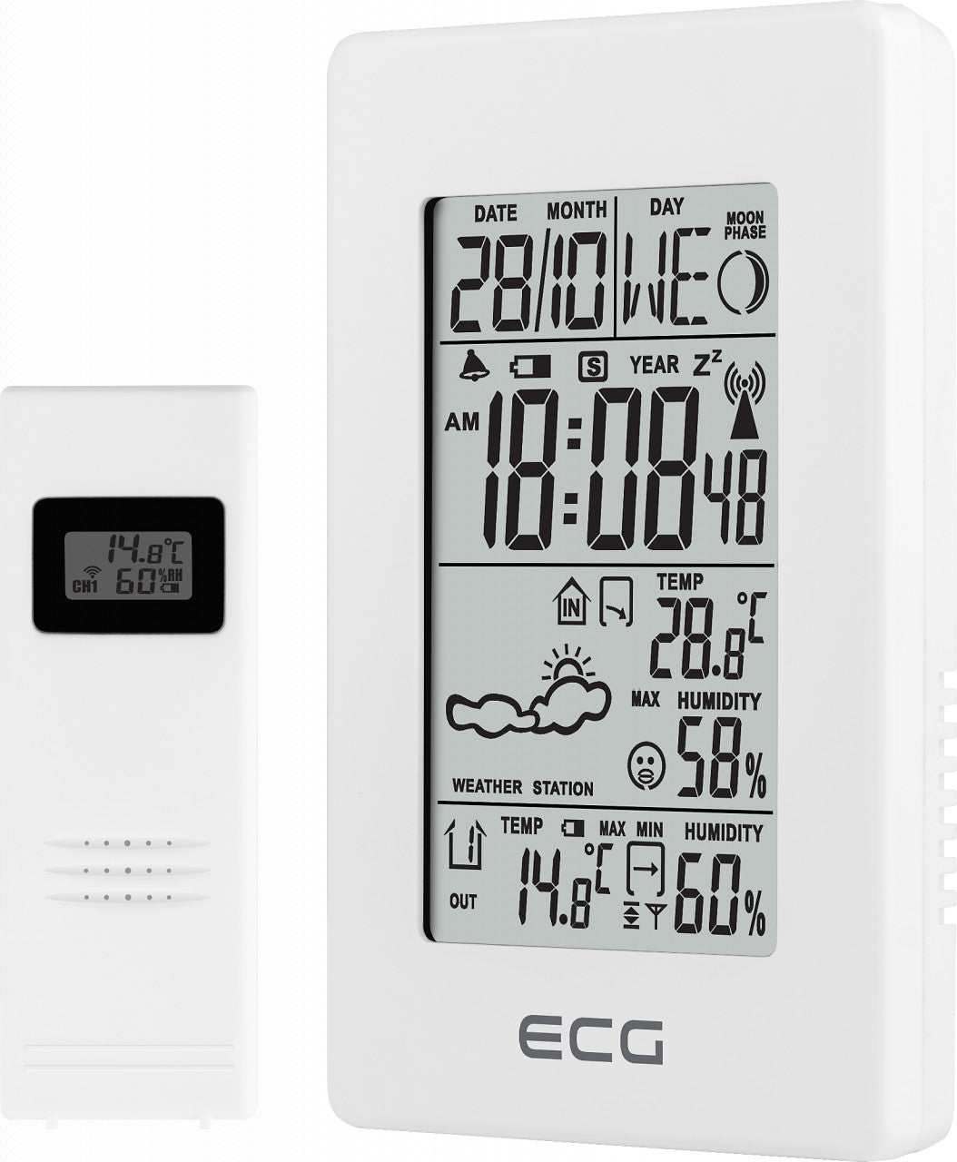 Statie meteo interior-exterior ECG MS 100 White, senzor extern fara fir, LCD, ceas, alarma