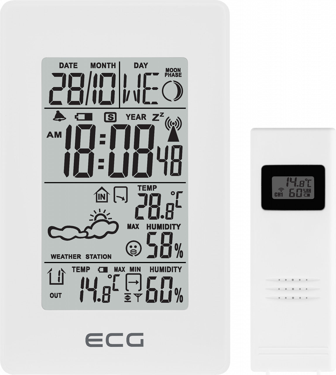 Statie meteo interior-exterior ECG MS 100 White, senzor extern fara fir, LCD, ceas, alarma