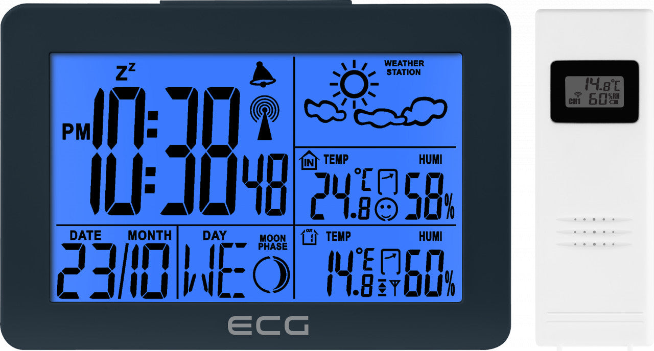 Statie meteo interior-exterior ECG MS 200 Grey, senzor extern fara fir, LCD, ceas, alarma