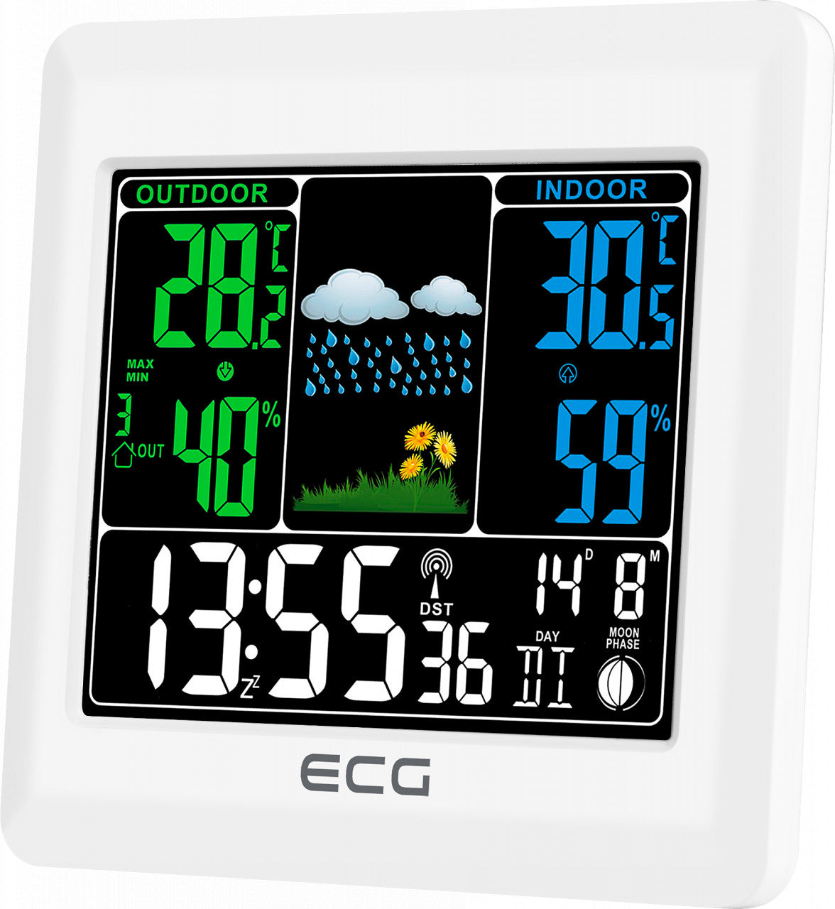 Statie meteo interior-exterior ECG MS 300 White, senzor extern fara fir, LCD color, ceas, alarma