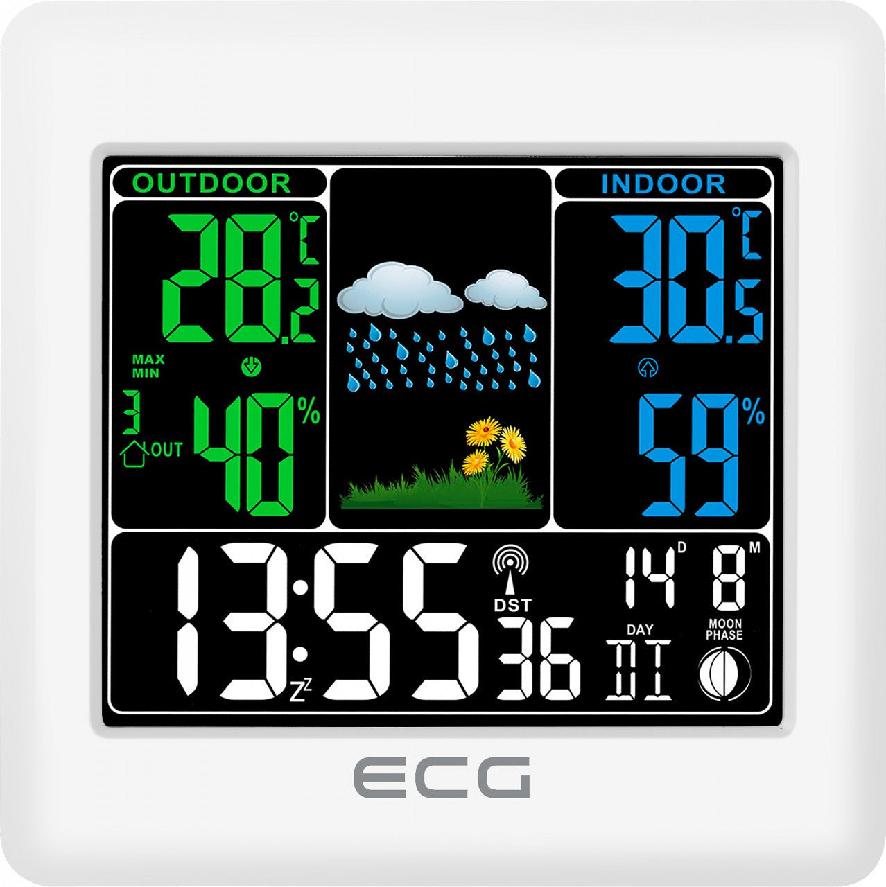 Statie meteo interior-exterior ECG MS 300 White, senzor extern fara fir, LCD color, ceas, alarma