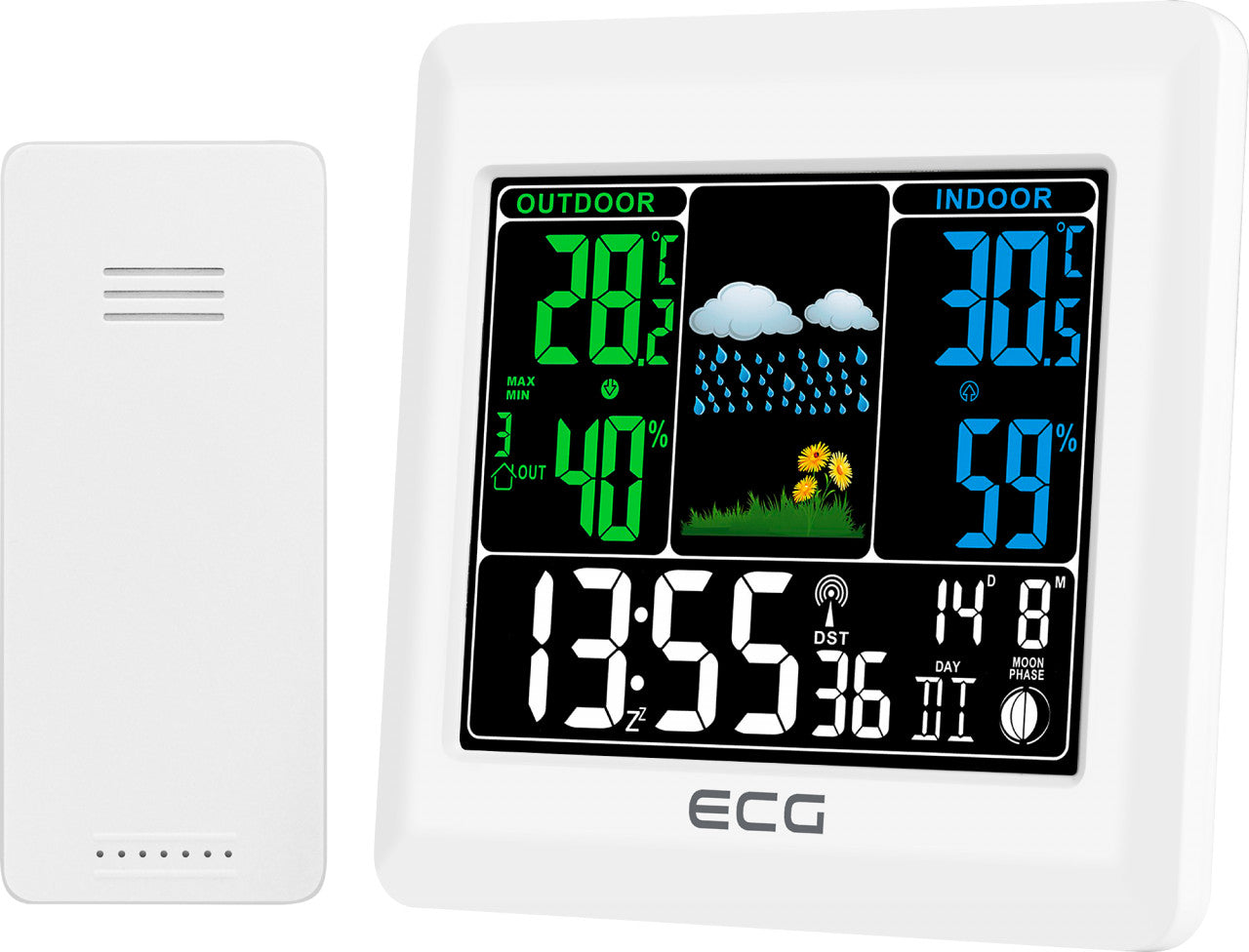 Statie meteo interior-exterior ECG MS 300 White, senzor extern fara fir, LCD color, ceas, alarma