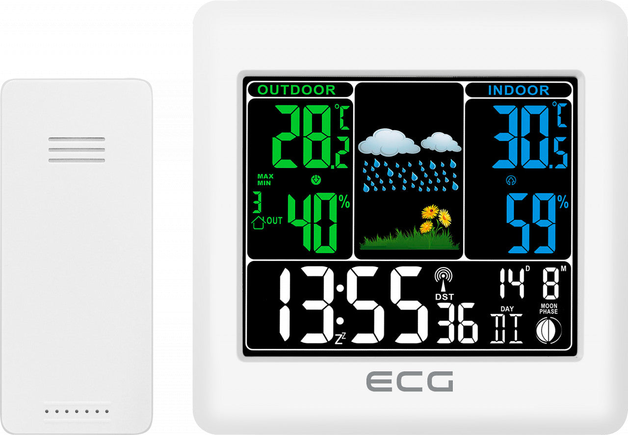 Statie meteo interior-exterior ECG MS 300 White, senzor extern fara fir, LCD color, ceas, alarma