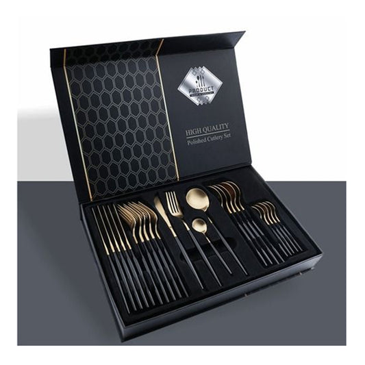 Set tacamuri portugheze Royal, Serviciu complet 24 de piese, Gold Black, 6 x cutite, 6 x linguri, 6 x furculite, 6 x lingurite, auriu/negru, 18, 7-23 cm