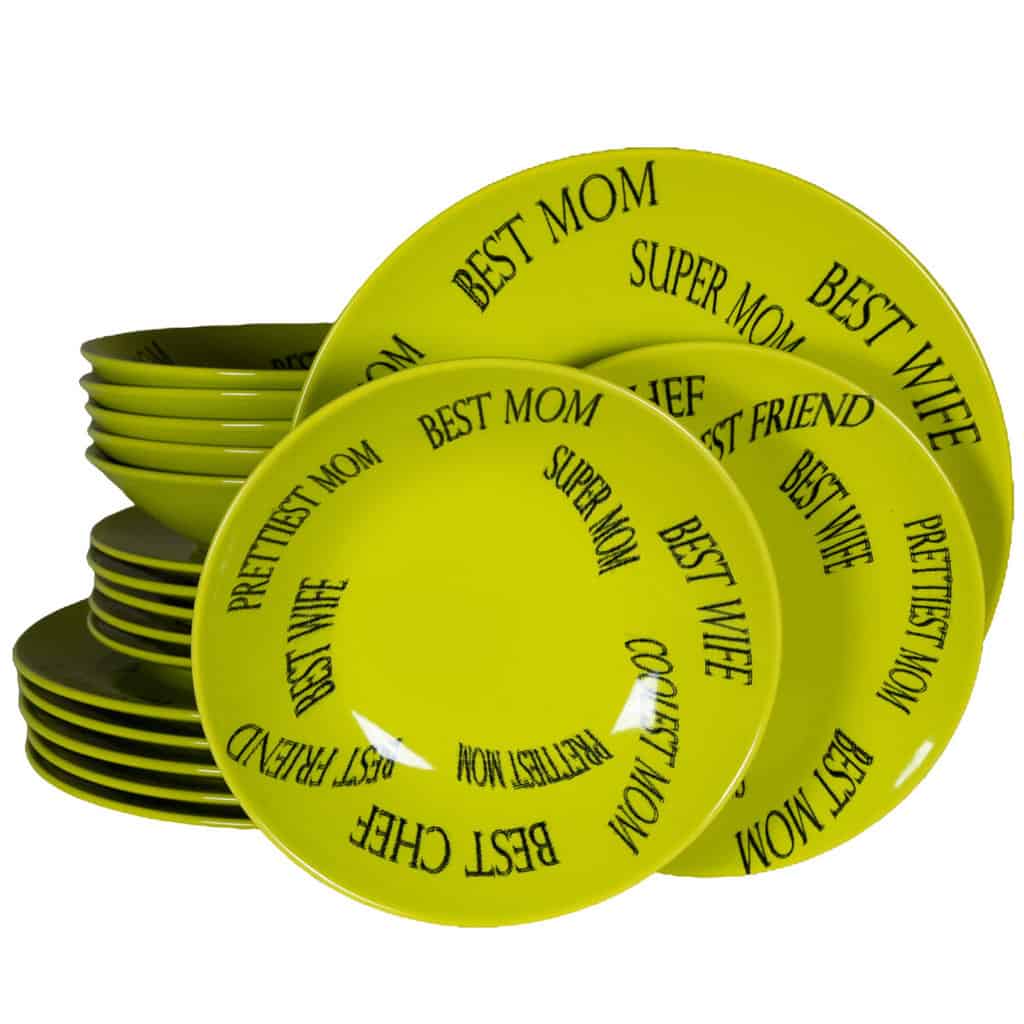 Dinner set for 6 people, Round, Glossy Green decorated with Best Mom