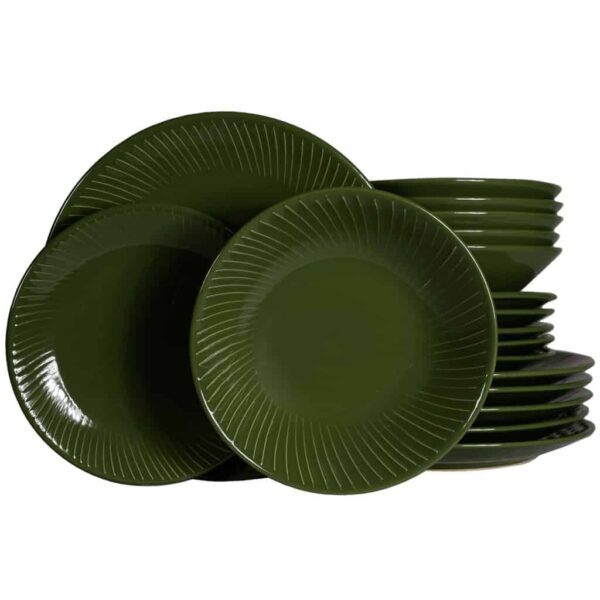 Dinner set for 6 people, Round, Glossy Olive Green embossed with sonbeams