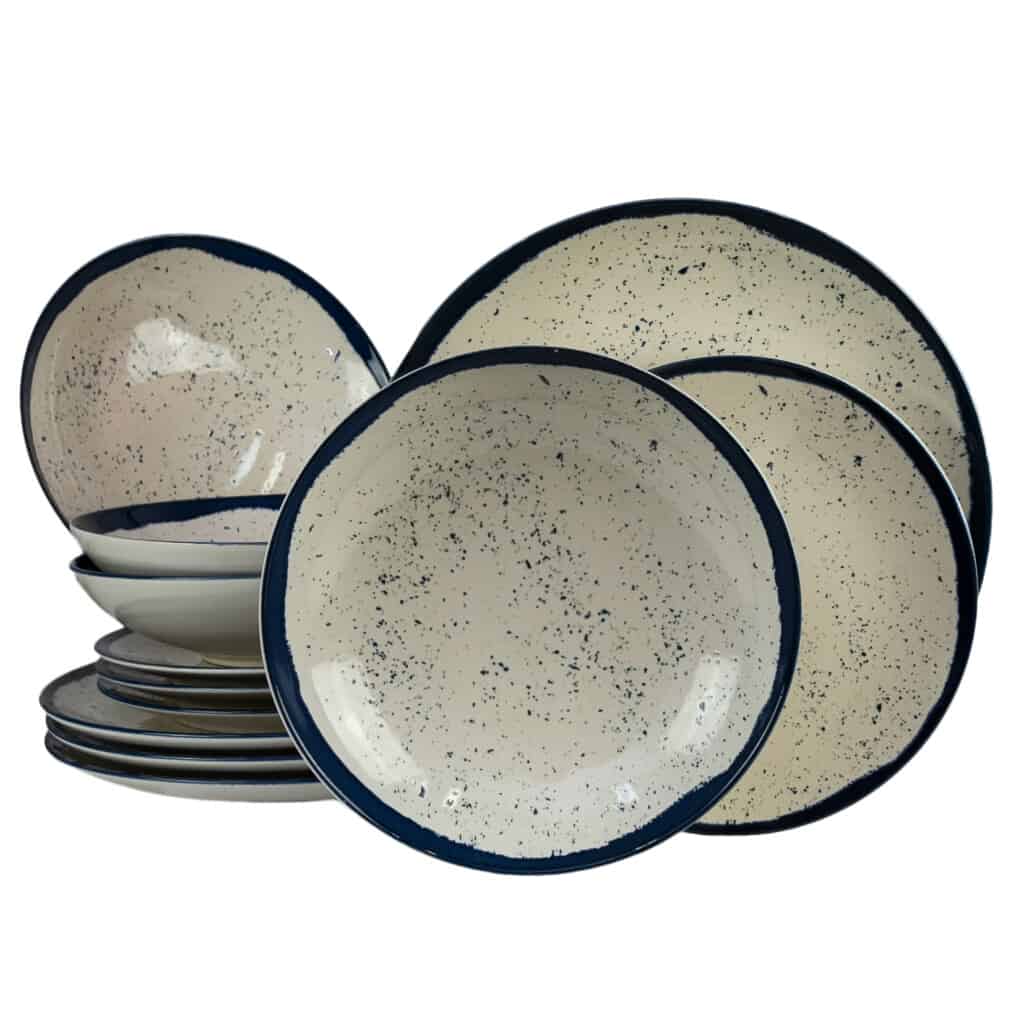 Dinner set for 4 people, with deep plate, Round, Glossy Ivory decorated with blue edge