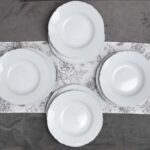 Dinner set for 4 people, with deep plate, Round, Porcelain with wavy edge