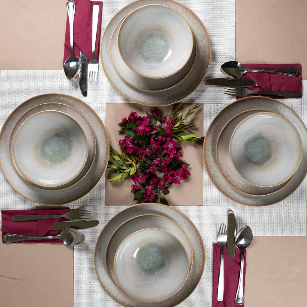 Dinner set for 4 people, with bowl, Round, Glossy Ivory decorated with brown and green shades