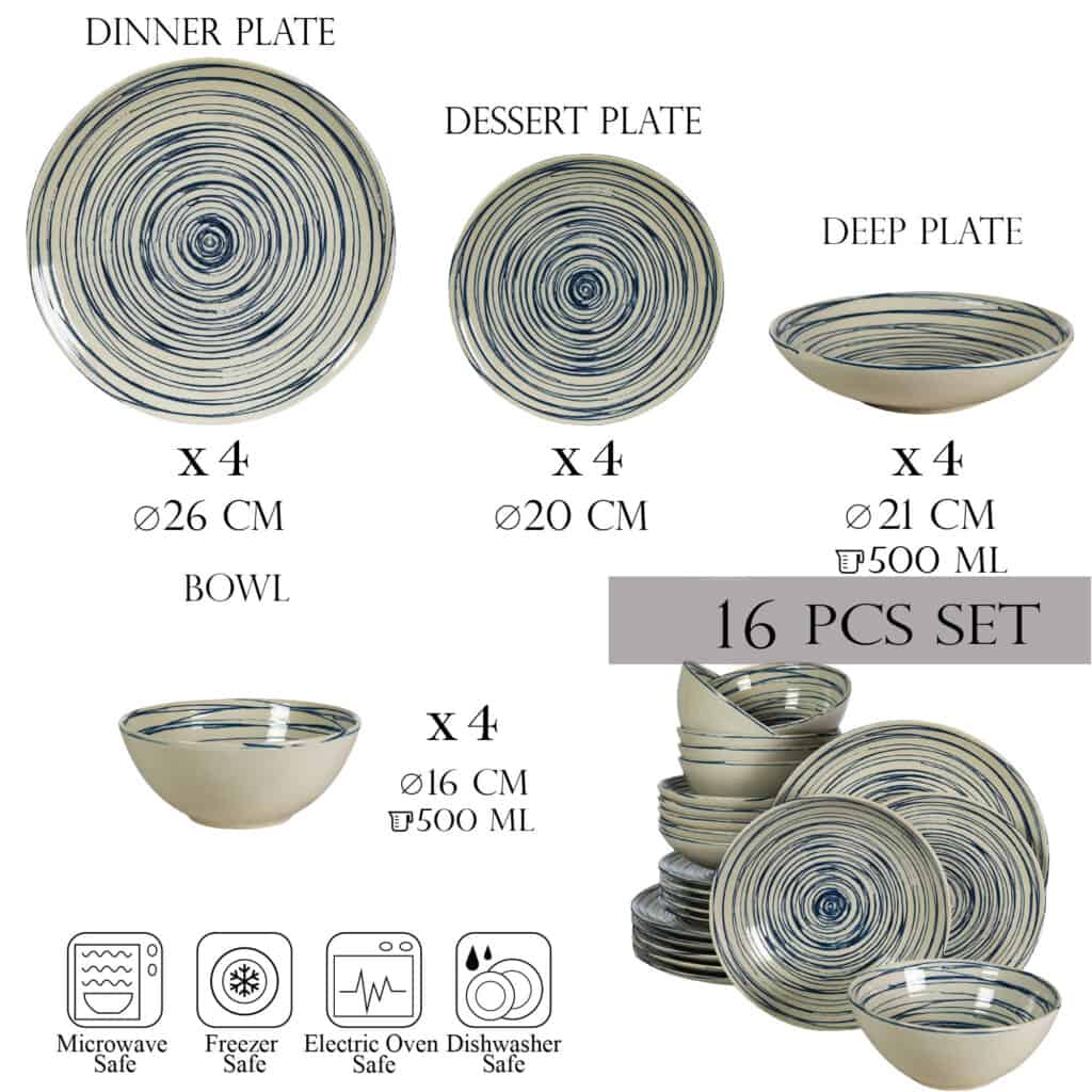 Dinner set for 4 people, with deep plate and bowl, Round, Glossy Ivory decorated with blue spiral