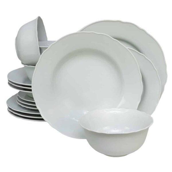 Dinner set for 4 people, with deep plate and bowl, Round, Porcelain with wavy edge