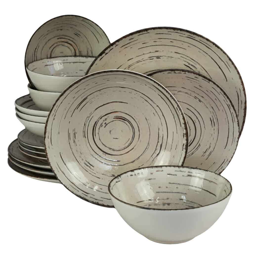 Dinner set for 4 people, with deep plate and bowl, Round, Glossy Ivory decorated with dark brown spiral