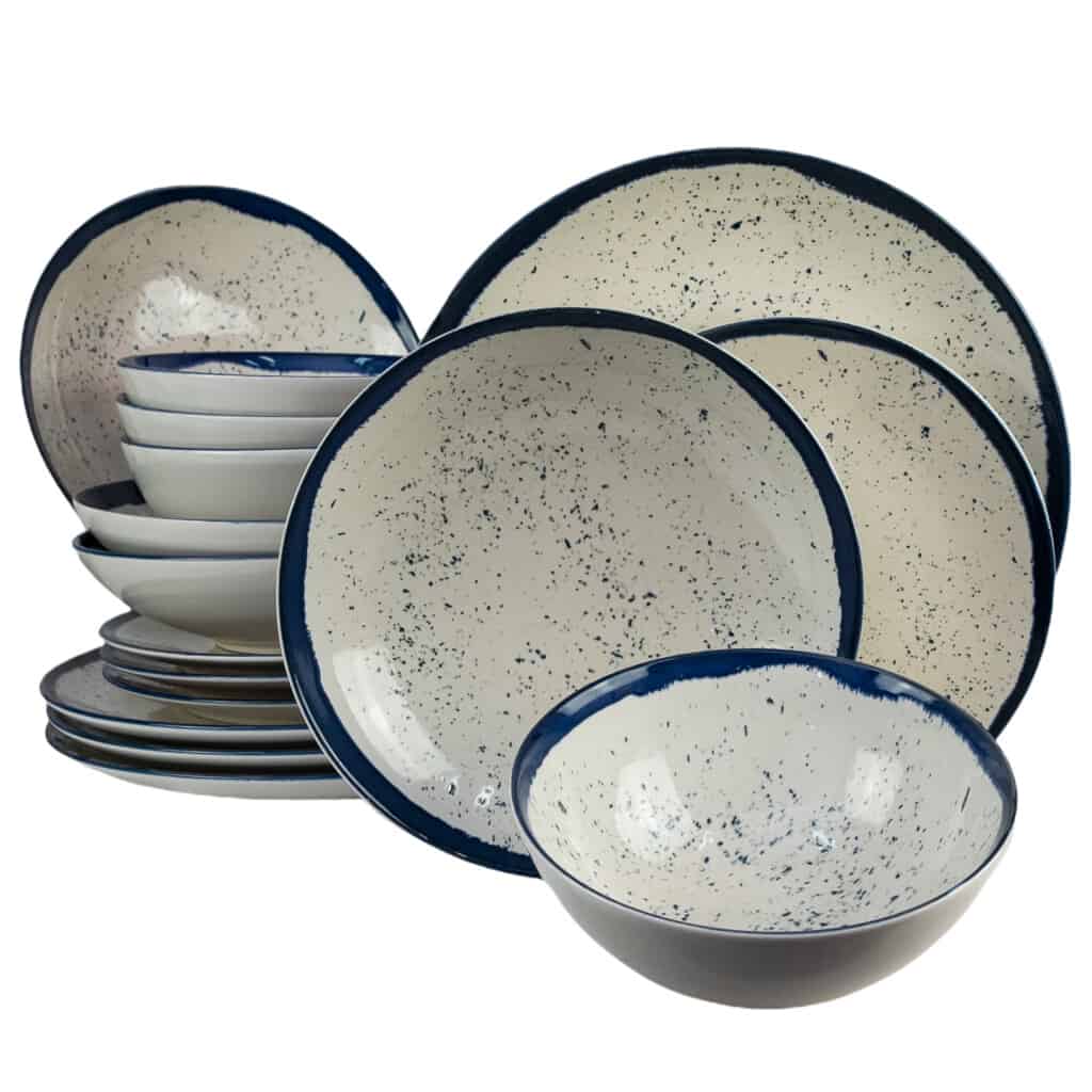 Dinner set for 4 people, with deep plate and bowl, Round, Glossy Ivory decorated with blue edge