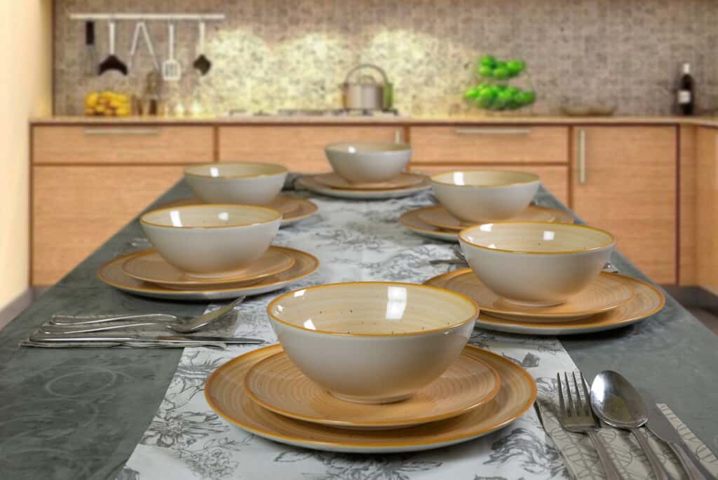 Dinner set for 6 people, with bowl, Round, Glossy Ivory decorated with orange spiral