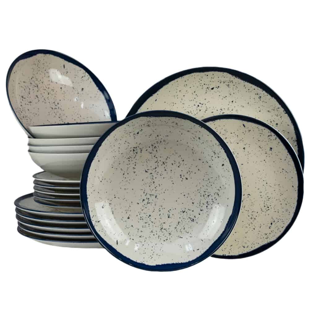 Dinner set for 6 people, with deep plate, Round, Glossy Ivory decorated with blue edge