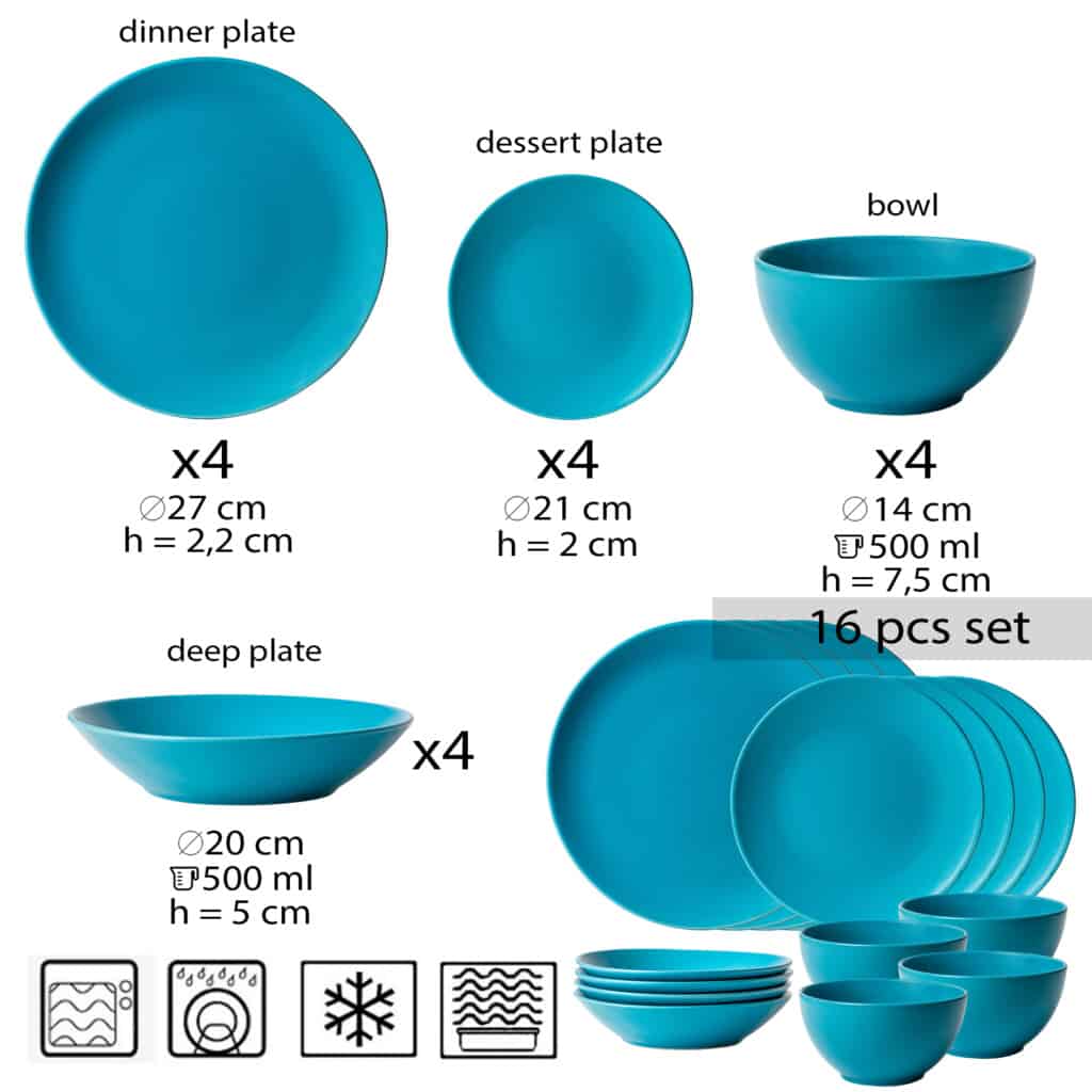 Dinner set for 4 people, with deep plate and bowl, Round, Matte Dark Turquoise