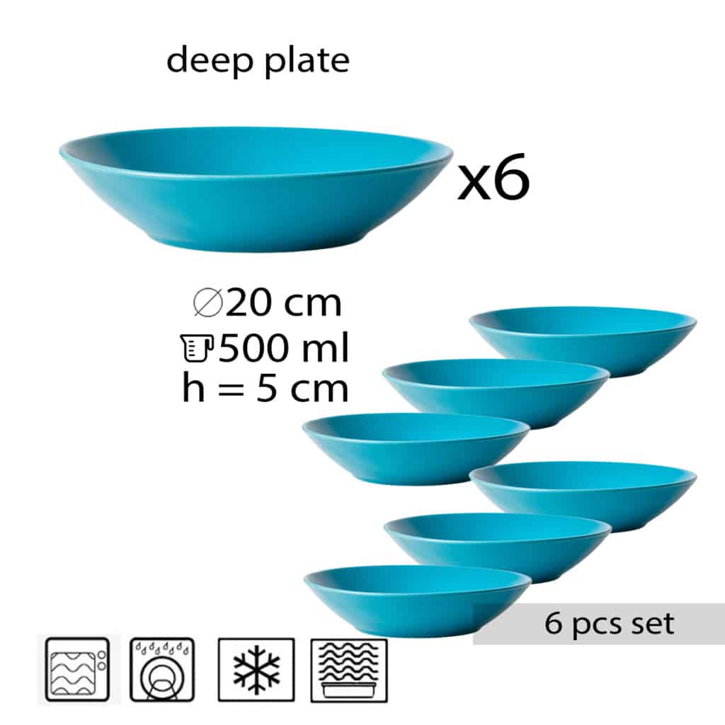 Set of 6 deep plate, Round, 21 cm, Glossy Dark Turquoise
