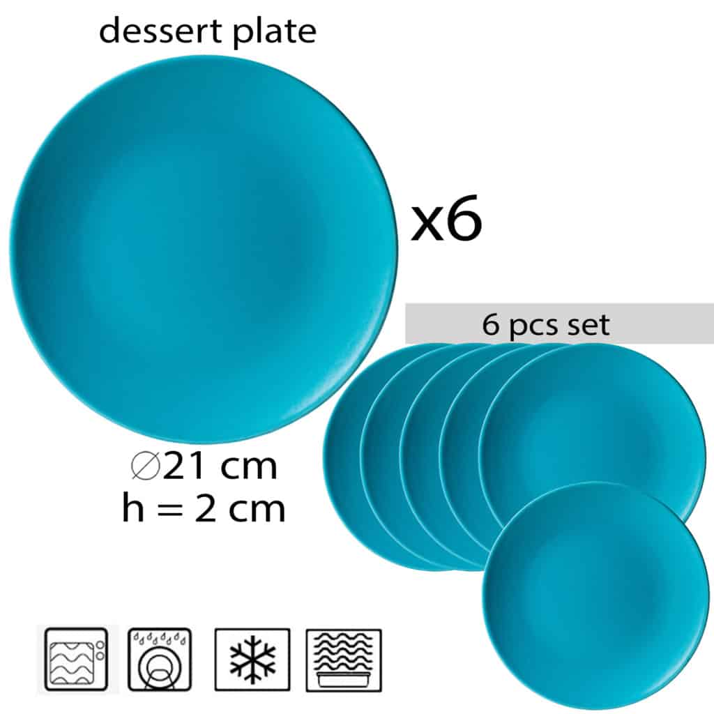 Set of 6 dessert plate, Round, 20 cm, Matte Dark Turquoise