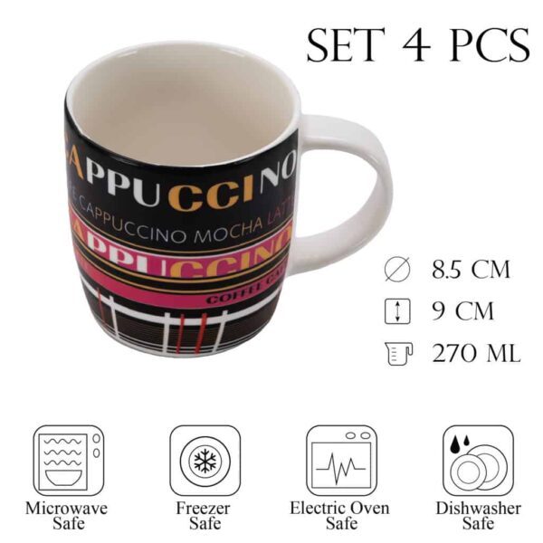 Set of 4 mugs, 270 ml, Glossy White/Black decorated with caffee