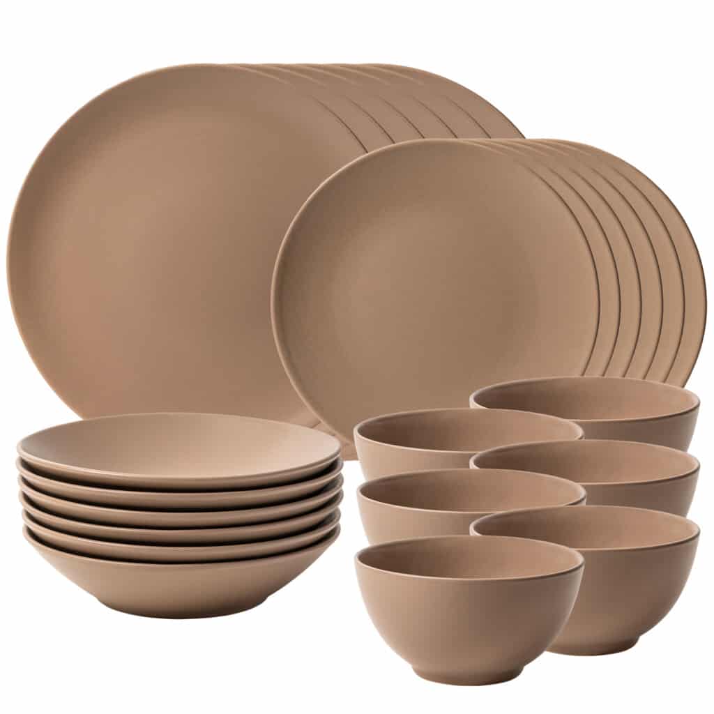 Dinner set for 6 people, with deep plate and bowl, Round, Matte Silver Brown