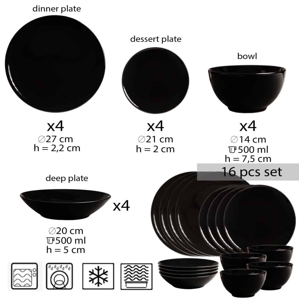 Dinner set for 4 people, with deep plate and bowl, Round, Glossy Black