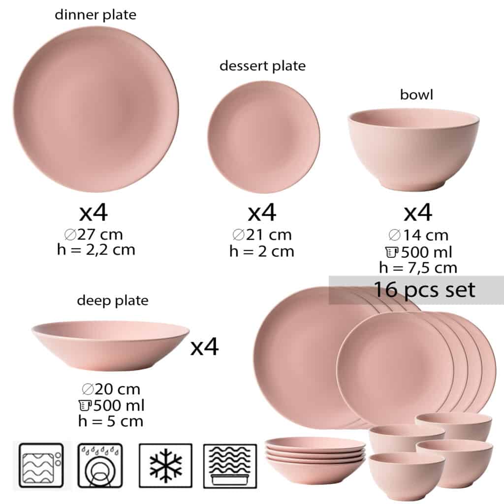 Dinner set for 4 people, with deep plate and bowl, Round, Glossy Pastel Pink