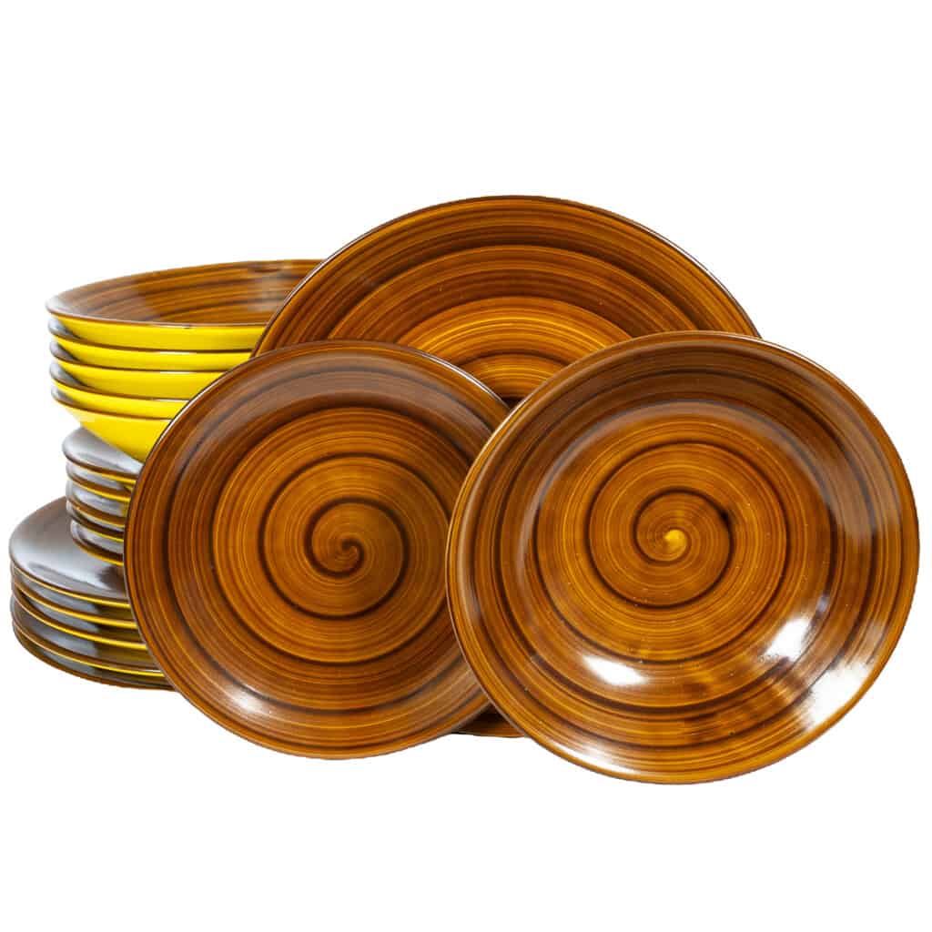 Set de cină pentru 6 persoane, galben lucios decorat cu spirală maro