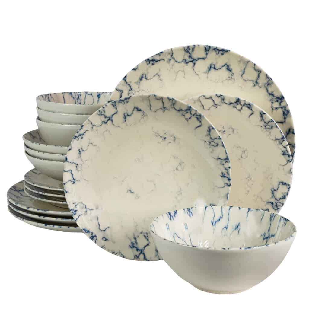Dinner set for 4 people, with deep plate and bowl, Round, Glossy Ivory decorated with blue marble