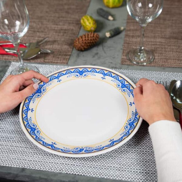 Dinner plate, Round, 26 cm, Glossy White decorated with blue and beige ribbon