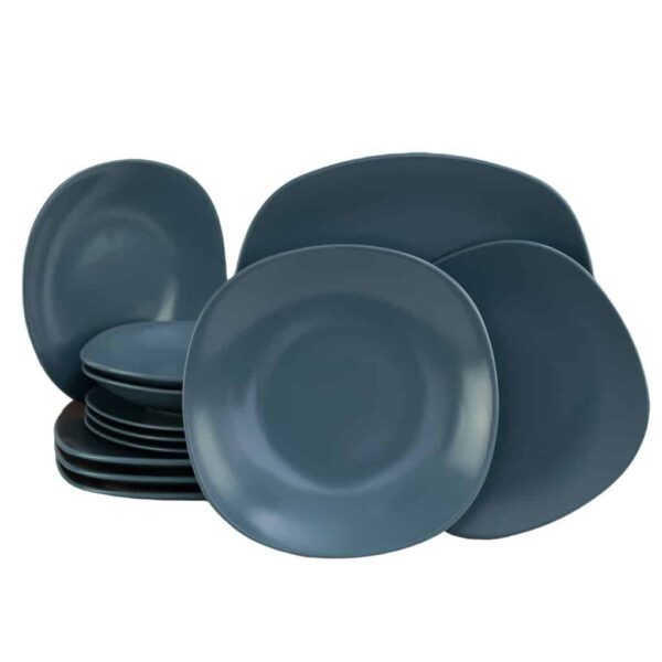 Dinner set for 4 people, with bowl and deep plate, Round, Glossy Dark Gray