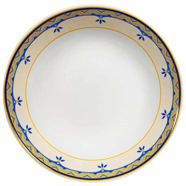Deep plate, Round, 21 cm, Glossy White decorated with blue ribbon with light yellow