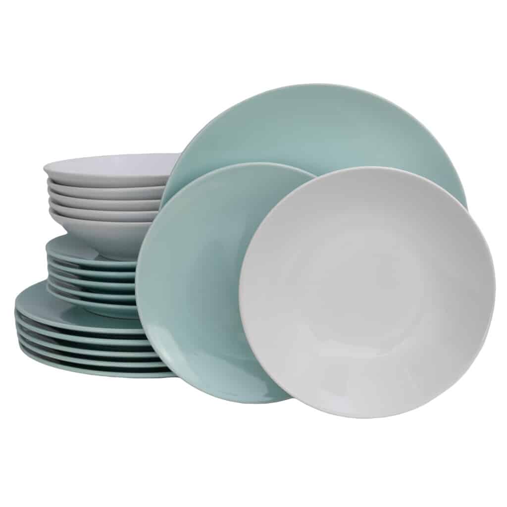 Dinner set for 6 people, with deep plate , Round, Glossy White/Light Peppermint Green
