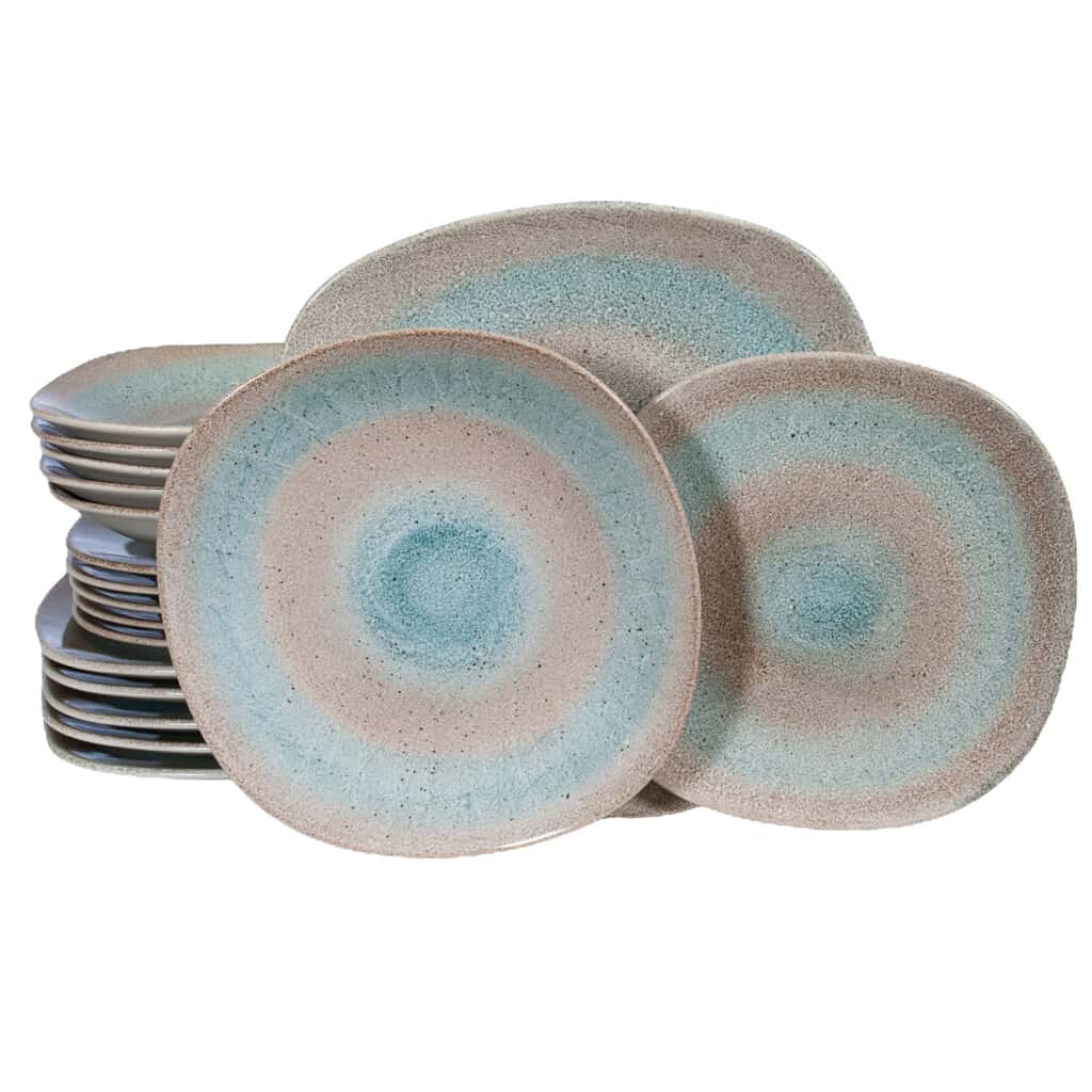 Dinner set for 6 people, Square, Glossy White decorated with beige and blue spiral
